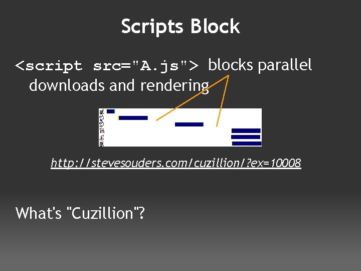 Scripts Block <script src="A. js"> blocks parallel downloads and rendering http: //stevesouders. com/cuzillion/? ex=10008