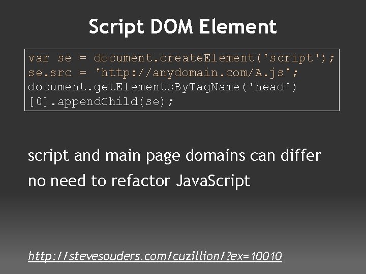 Script DOM Element var se = document. create. Element('script'); se. src = 'http: //anydomain.