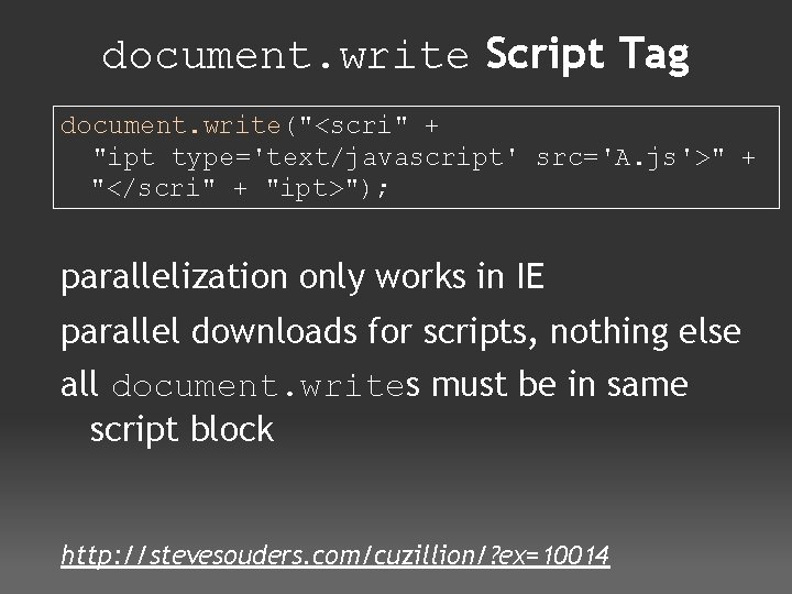 document. write Script Tag document. write("<scri" + "ipt type='text/javascript' src='A. js'>" + "</scri" +