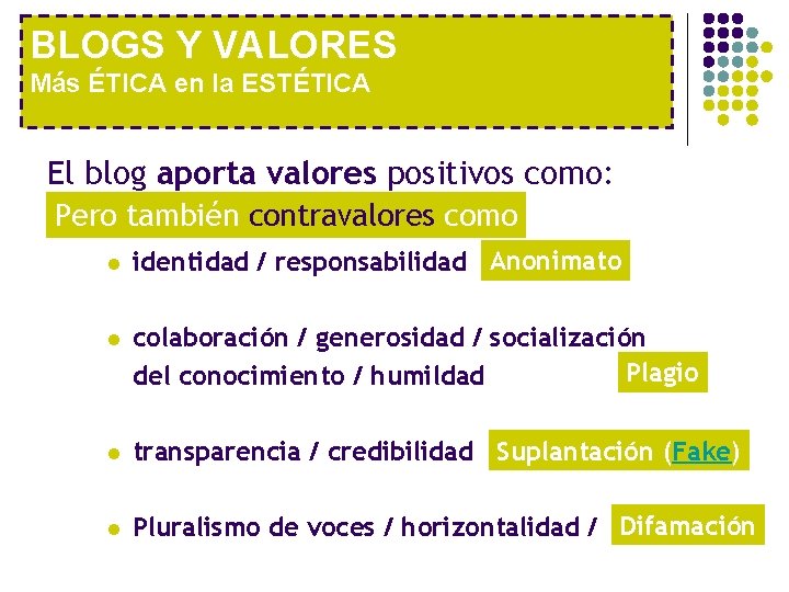 BLOGS Y VALORES Más ÉTICA en la ESTÉTICA El blog aporta valores positivos como: