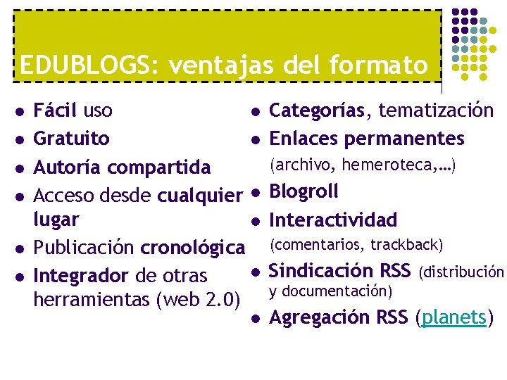 EDUBLOGS: ventajas del formato l l l Fácil uso l Gratuito l Autoría compartida