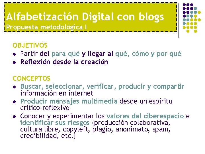 Alfabetización Digital con blogs Propuesta metodológica I OBJETIVOS l Partir del para qué y