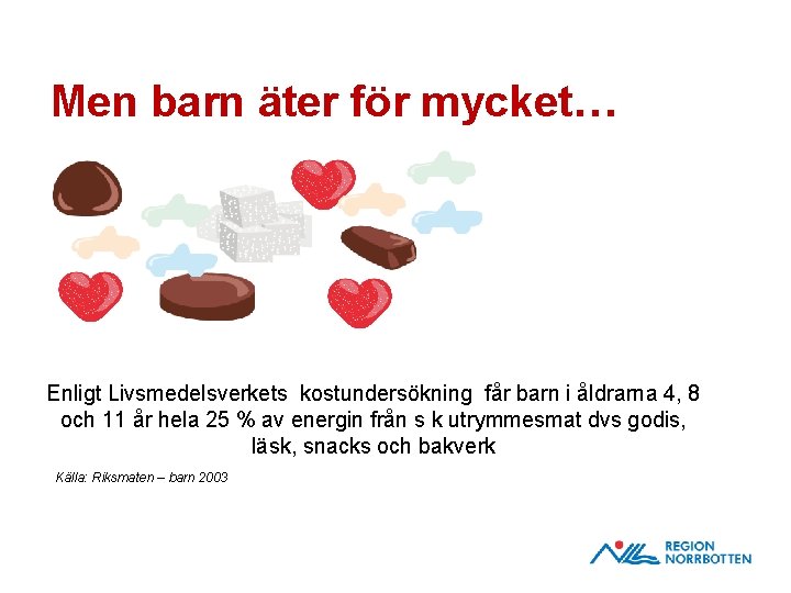 Men barn äter för mycket… Enligt Livsmedelsverkets kostundersökning får barn i åldrarna 4, 8