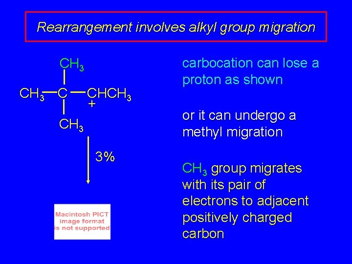 Rearrangement involves alkyl group migration CH 3 C CHCH 3 + CH 3 3%