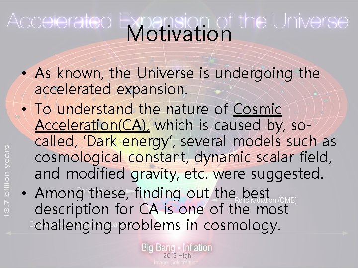 Motivation • As known, the Universe is undergoing the accelerated expansion. • To understand