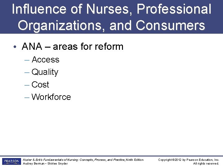 Influence of Nurses, Professional Organizations, and Consumers • ANA – areas for reform –