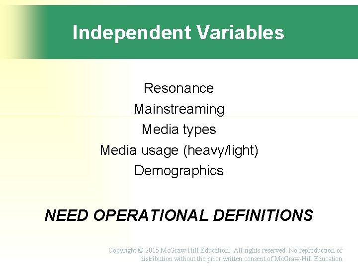 Independent Variables Resonance Mainstreaming Media types Media usage (heavy/light) Demographics NEED OPERATIONAL DEFINITIONS Copyright