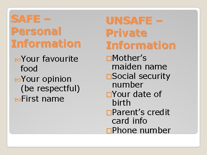 SAFE – Personal Information Your favourite food Your opinion (be respectful) First name UNSAFE