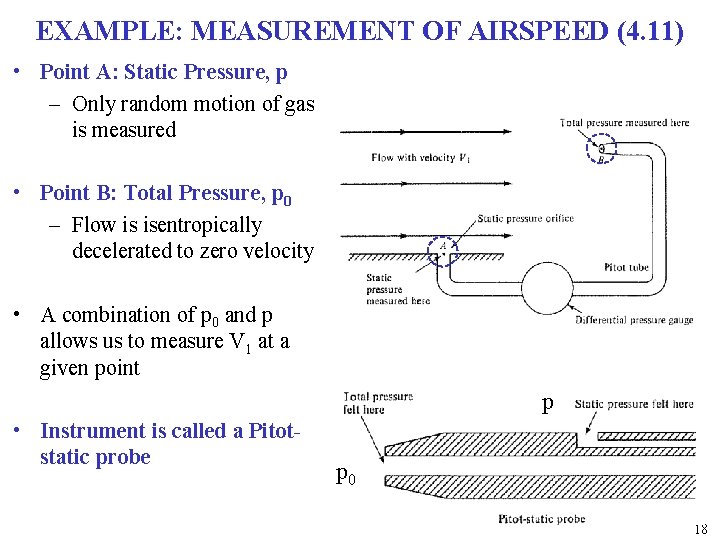 EXAMPLE: MEASUREMENT OF AIRSPEED (4. 11) • Point A: Static Pressure, p – Only EXAMPLE: MEASUREMENT OF AIRSPEED (4. 11) • Point A: Static Pressure, p – Only