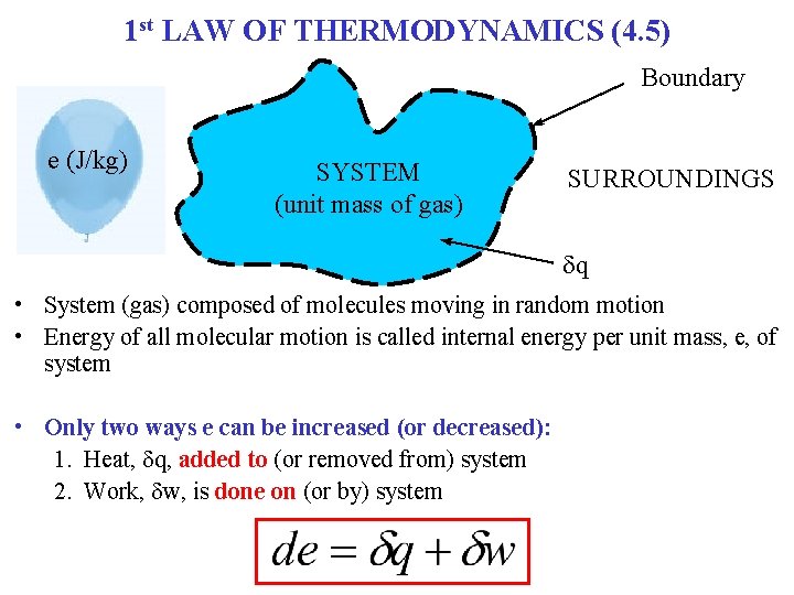 1 st LAW OF THERMODYNAMICS (4. 5) Boundary e (J/kg) SYSTEM (unit mass of 1 st LAW OF THERMODYNAMICS (4. 5) Boundary e (J/kg) SYSTEM (unit mass of