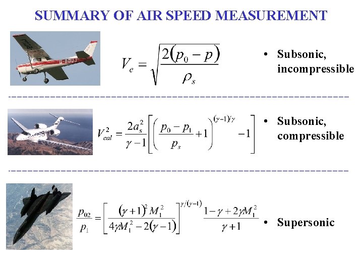 SUMMARY OF AIR SPEED MEASUREMENT • Subsonic, incompressible • Subsonic, compressible • Supersonic SUMMARY OF AIR SPEED MEASUREMENT • Subsonic, incompressible • Subsonic, compressible • Supersonic