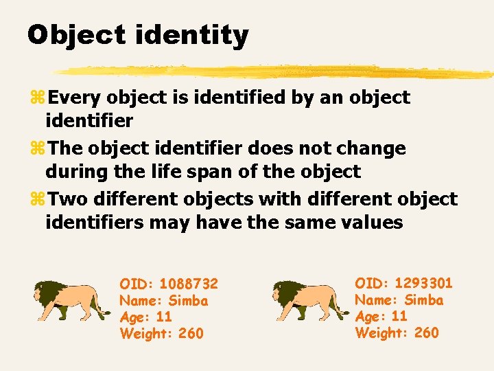 Object identity z. Every object is identified by an object identifier z. The object