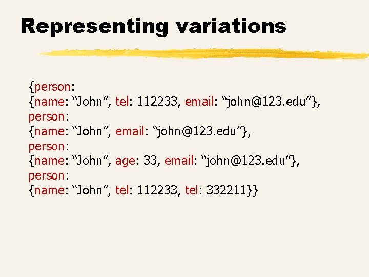 Representing variations {person: {name: “John”, tel: 112233, email: “john@123. edu”}, age: 33, email: “john@123.