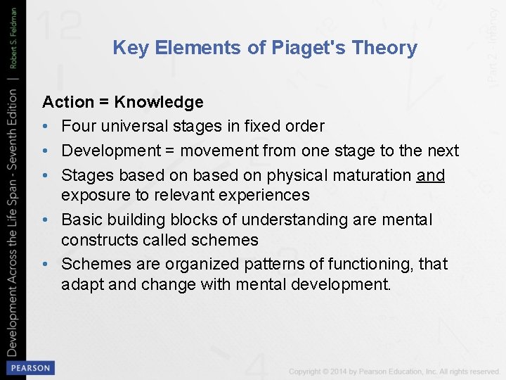 Key Elements of Piaget's Theory Action = Knowledge • Four universal stages in fixed