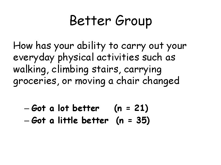 Better Group How has your ability to carry out your everyday physical activities such