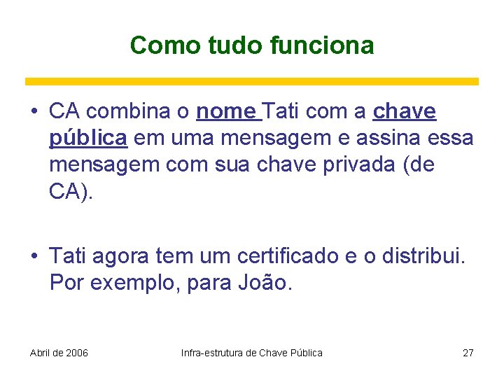 Como tudo funciona • CA combina o nome Tati com a chave pública em