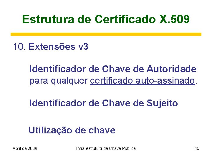 Estrutura de Certificado X. 509 10. Extensões v 3 Identificador de Chave de Autoridade