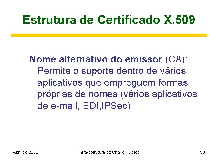 Estrutura de Certificado X. 509 Nome alternativo do emissor (CA): Permite o suporte dentro