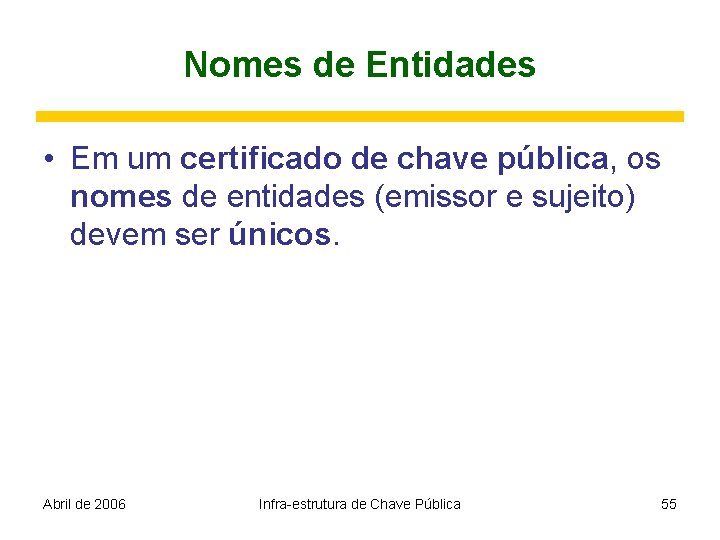 Nomes de Entidades • Em um certificado de chave pública, os nomes de entidades