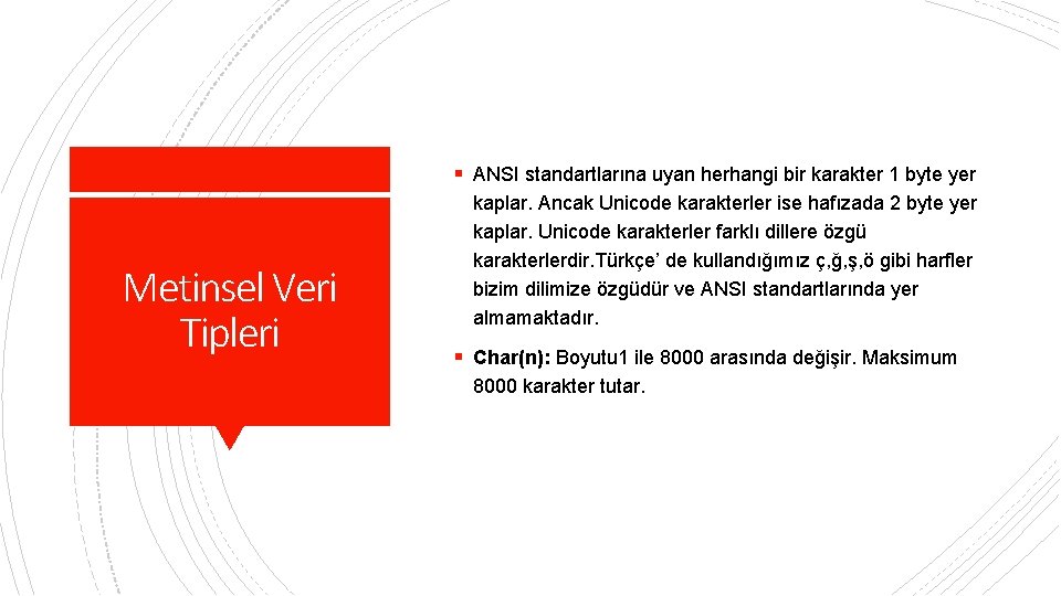 § ANSI standartlarına uyan herhangi bir karakter 1 byte yer Metinsel Veri Tipleri kaplar.