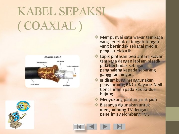 KABEL SEPAKSI ( COAXIAL ) v Mempunyai satu wayar tembaga yang terletak di tengah-tengah