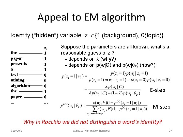 Appeal to EM algorithm Identity (“hidden”) variable: zi {1 (background), 0(topic)} the paper presents