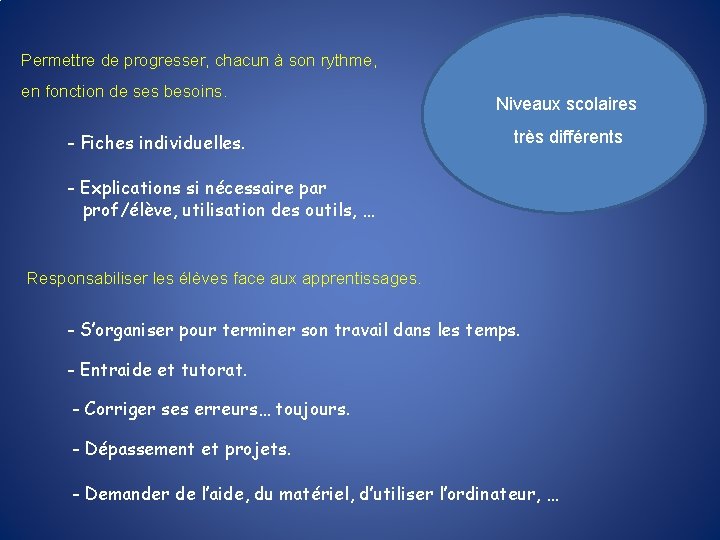 Permettre de progresser, chacun à son rythme, en fonction de ses besoins. - Fiches