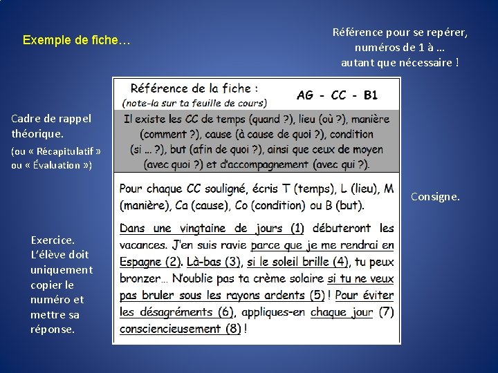 Exemple de fiche… Référence pour se repérer, numéros de 1 à … autant que