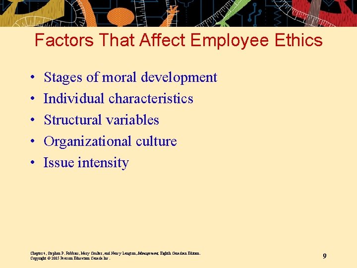 Factors That Affect Employee Ethics • • • Stages of moral development Individual characteristics