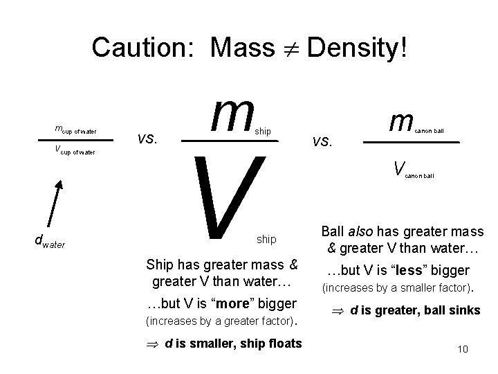 Caution: Mass Density! mcup of water Vcup of water dwater vs. m ship V