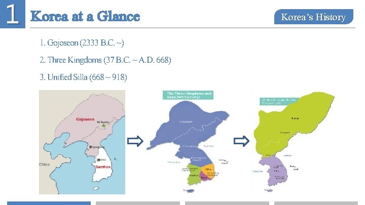 1 Korea at a Glance 1. Gojoseon (2333 B. C. ~) 2. Three Kingdoms