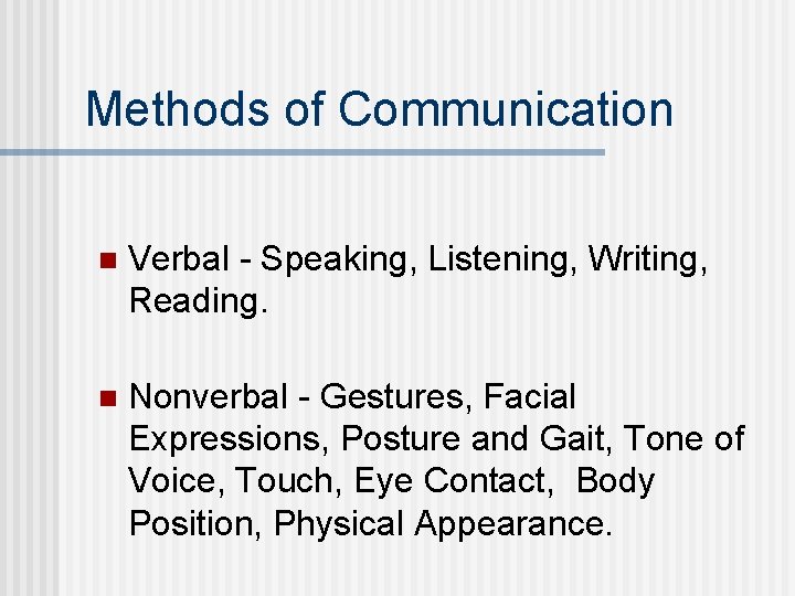 Methods of Communication n Verbal - Speaking, Listening, Writing, Reading. n Nonverbal - Gestures,