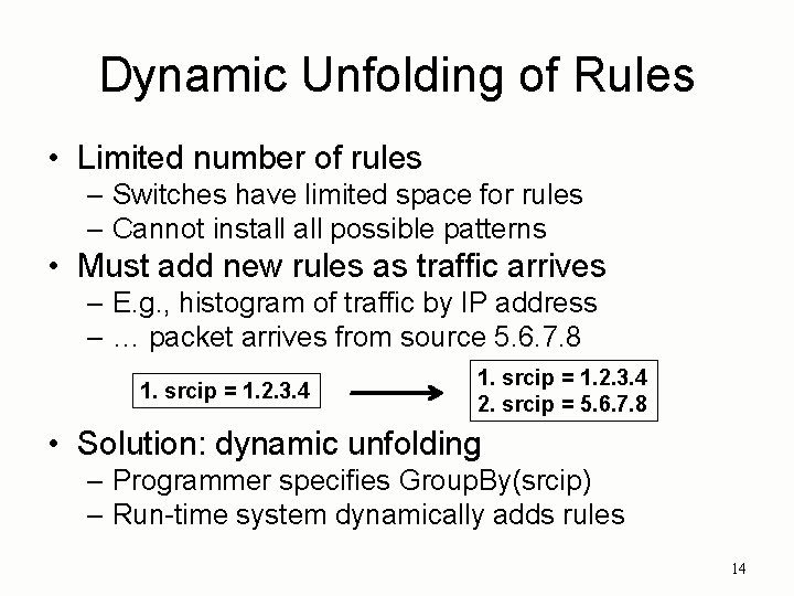 Dynamic Unfolding of Rules • Limited number of rules – Switches have limited space