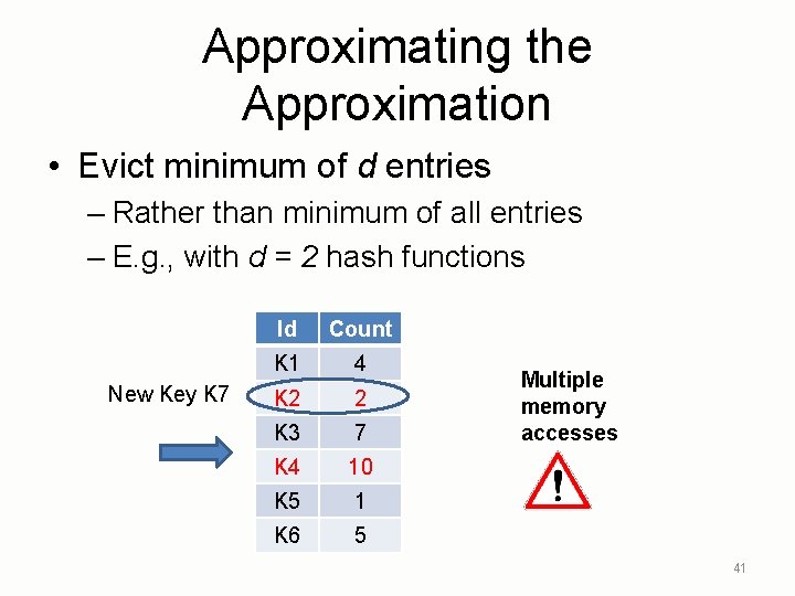 Approximating the Approximation • Evict minimum of d entries – Rather than minimum of