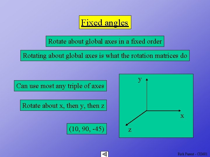 Fixed angles Rotate about global axes in a fixed order Rotating about global axes