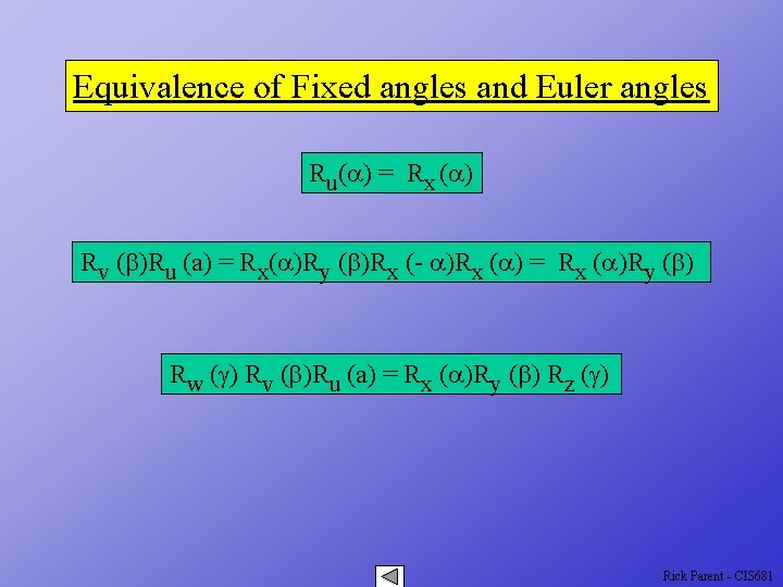 Equivalence of Fixed angles and Euler angles Ru(a) = Rx (a) Rv (b)Ru (a)