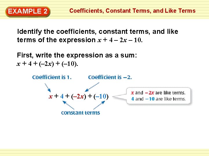 EXAMPLE 2 Coefficients, Constant Terms, and Like Terms Identify the coefficients, constant terms, and