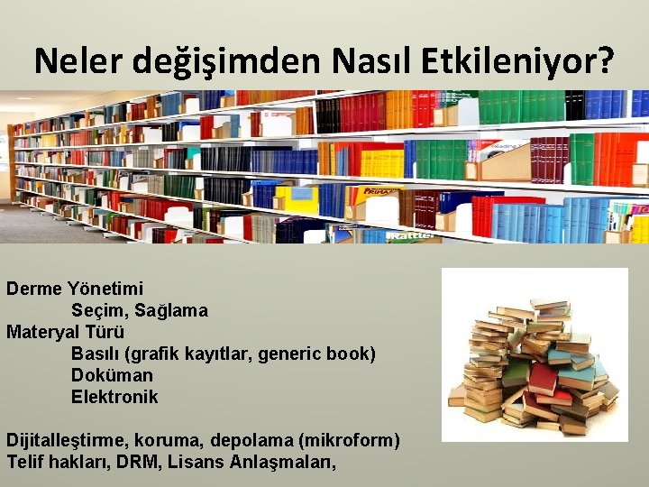 Neler değişimden Nasıl Etkileniyor? Derme Yönetimi Seçim, Sağlama Materyal Türü Basılı (grafik kayıtlar, generic