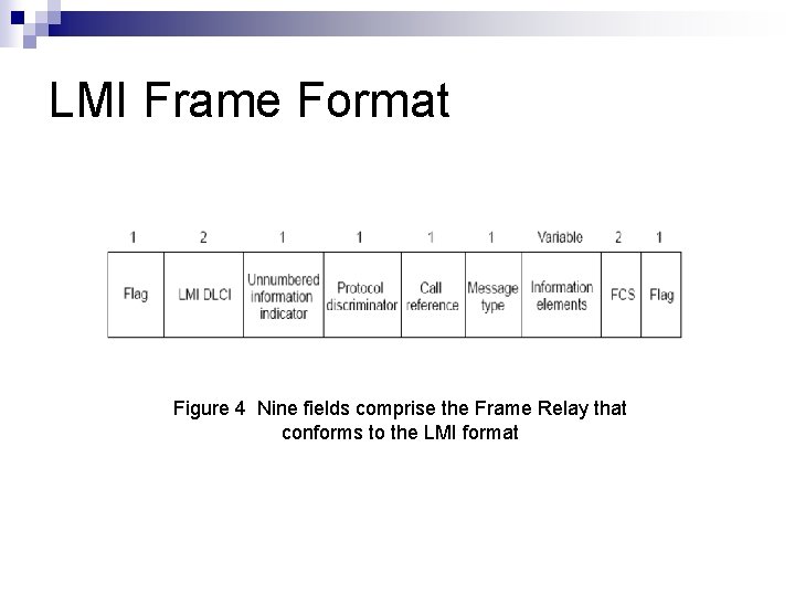 LMI Frame Format Figure 4 Nine fields comprise the Frame Relay that conforms to