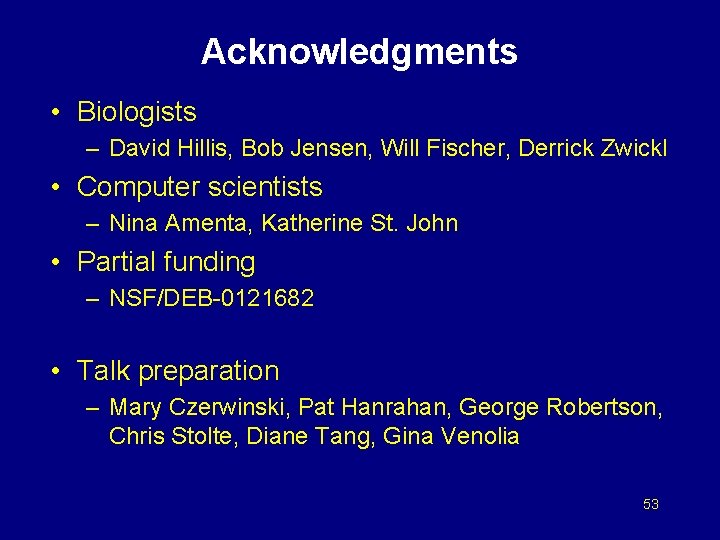 Acknowledgments • Biologists – David Hillis, Bob Jensen, Will Fischer, Derrick Zwickl • Computer