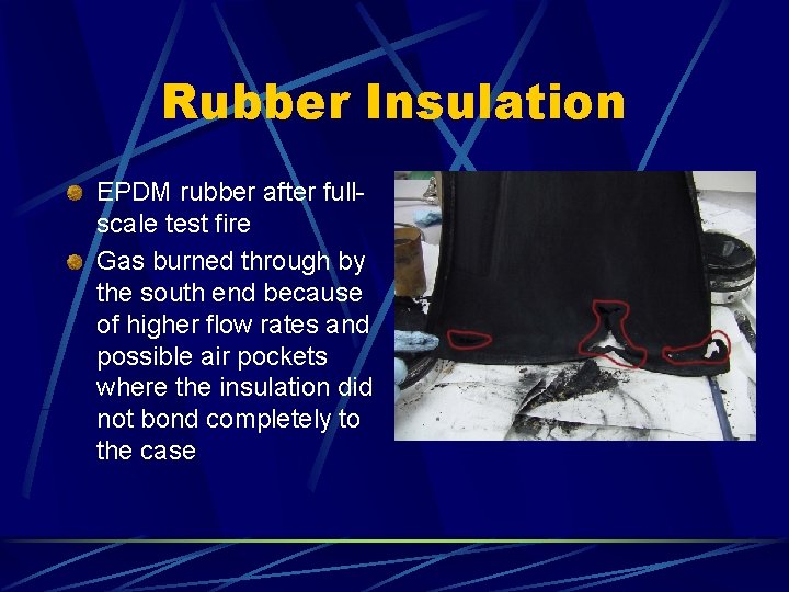 Rubber Insulation EPDM rubber after fullscale test fire Gas burned through by the south