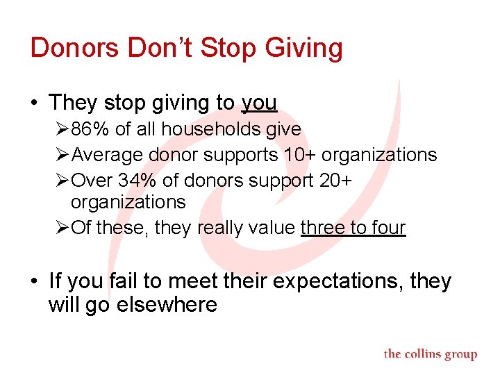 Donors Don’t Stop Giving • They stop giving to you Ø 86% of all