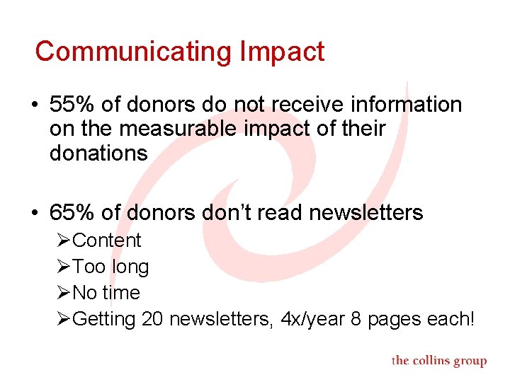 Communicating Impact • 55% of donors do not receive information on the measurable impact