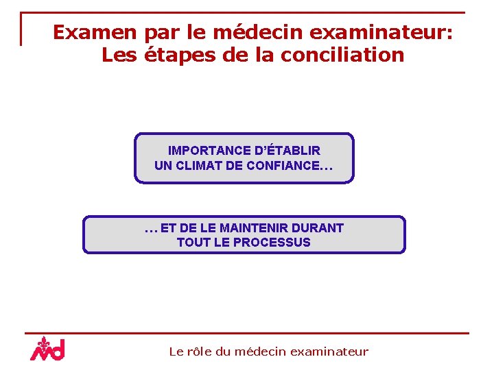 Examen par le médecin examinateur: Les étapes de la conciliation IMPORTANCE D’ÉTABLIR UN CLIMAT