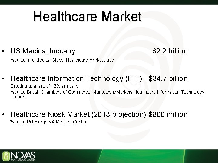 Healthcare Market • US Medical Industry $2. 2 trillion *source: the Medica Global Healthcare