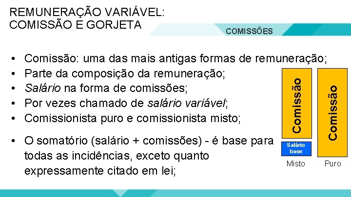 REMUNERAÇÃO VARIÁVEL: COMISSÃO E GORJETA • O somatório (salário + comissões) - é base