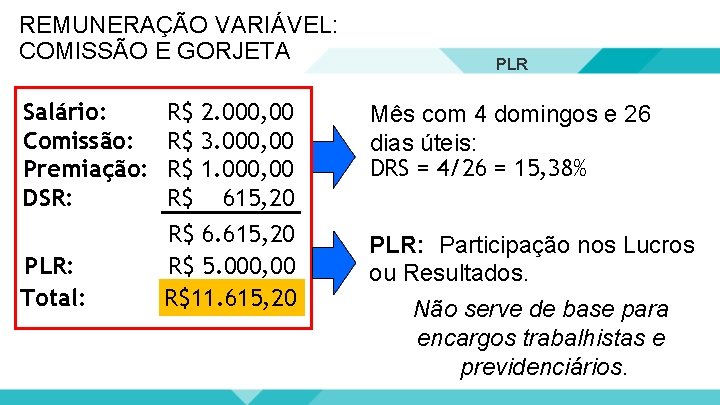 REMUNERAÇÃO VARIÁVEL: COMISSÃO E GORJETA Salário: Comissão: Premiação: DSR: PLR: Total: R$ 2. 000,