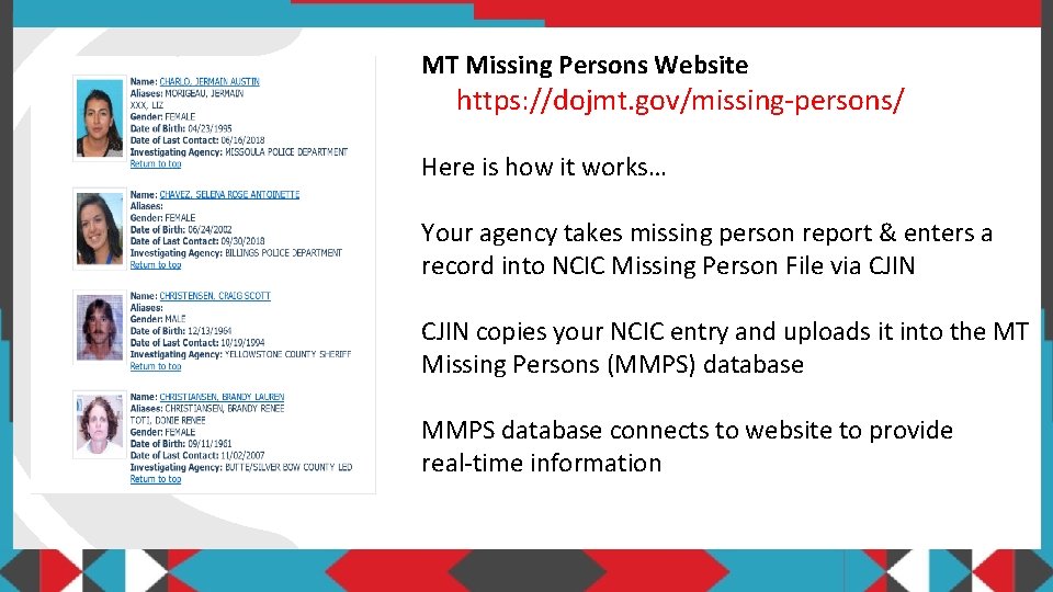 MT Missing Persons Website https: //dojmt. gov/missing-persons/ Here is how it works… Your agency