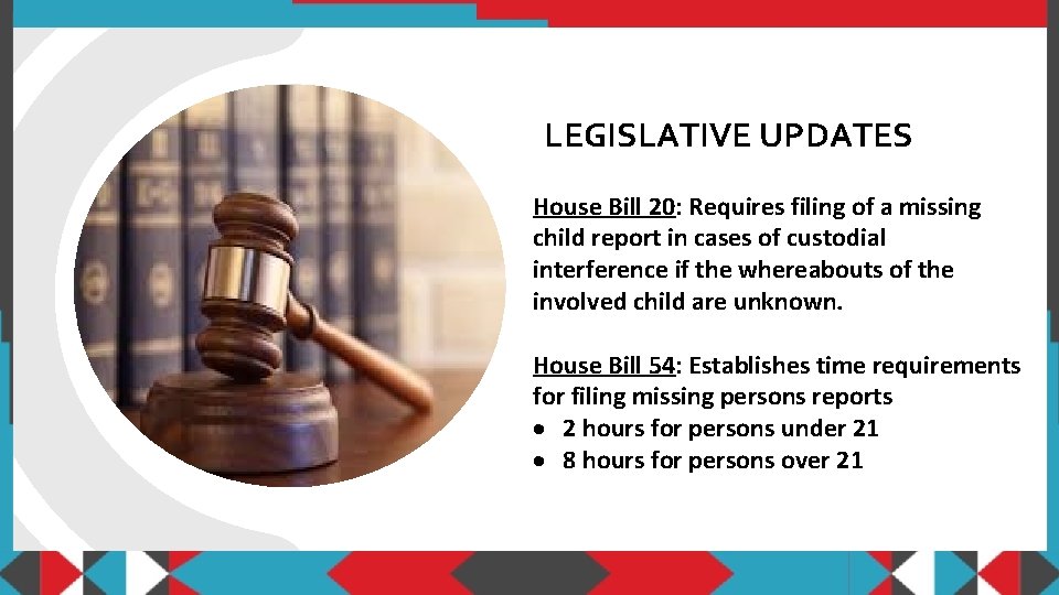 LEGISLATIVE UPDATES House Bill 20: Requires filing of a missing child report in cases