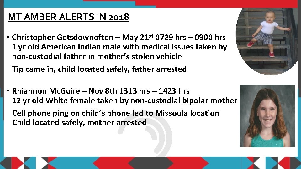 MT AMBER ALERTS IN 2018 • Christopher Getsdownoften – May 21 st 0729 hrs